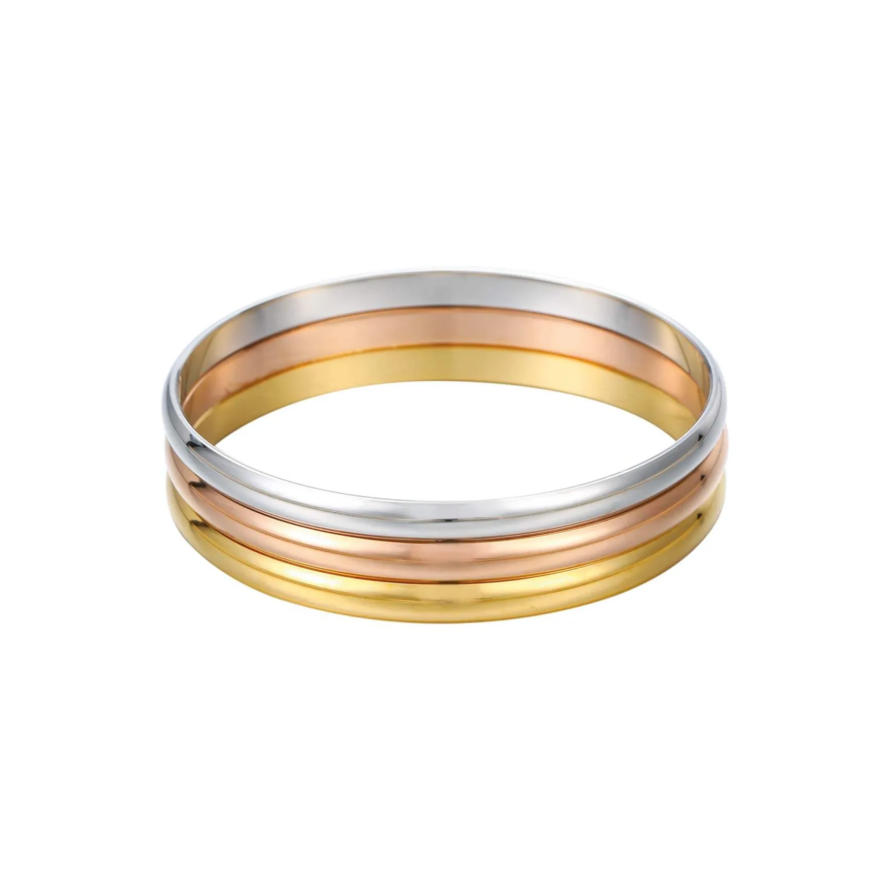 3 Joncs acier doré or, argenté et doré rose. Diam 6,5cm (M)