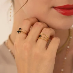 Bague Isa Pierres Obsidienne acier doré or