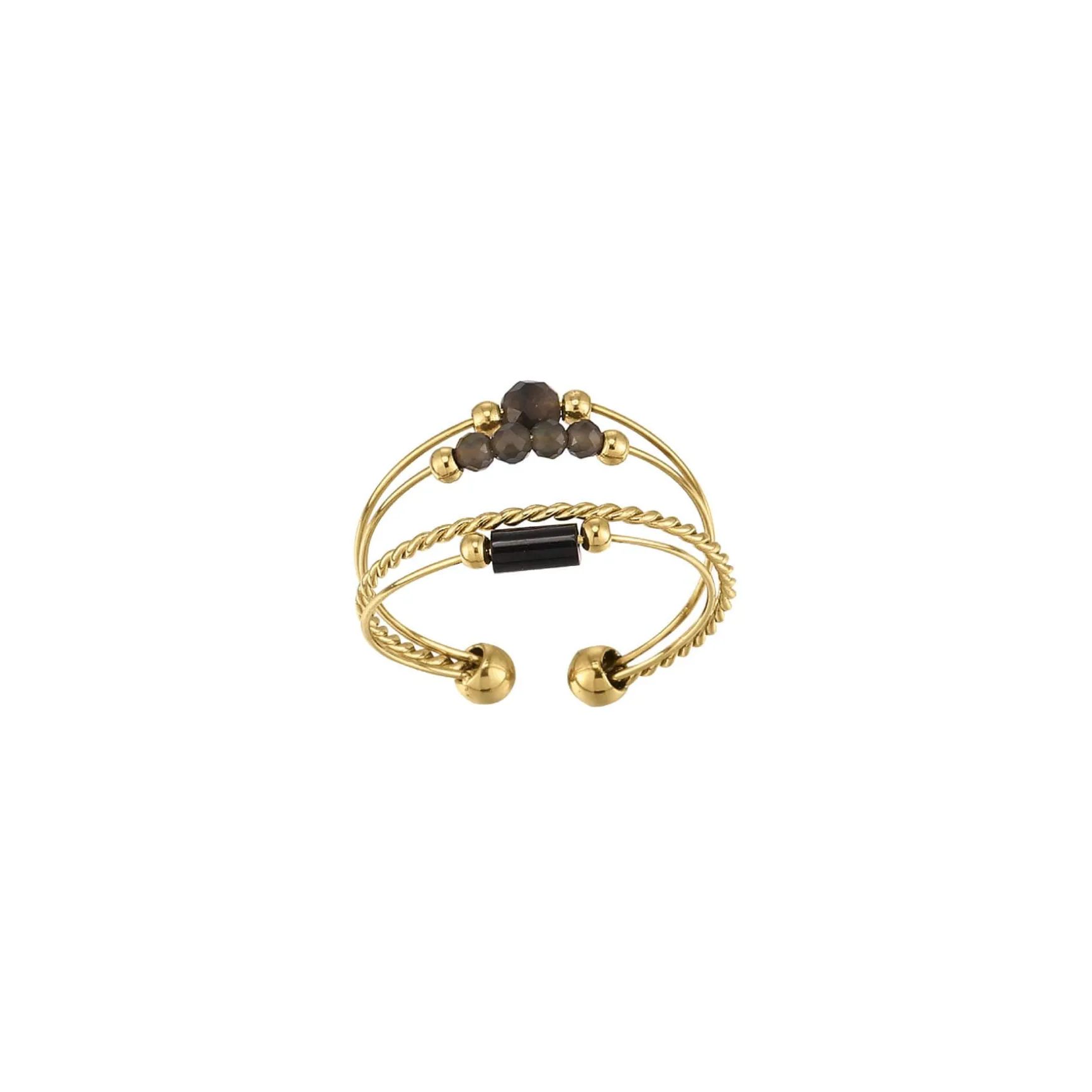 Bague Isa Pierres Obsidienne acier doré or