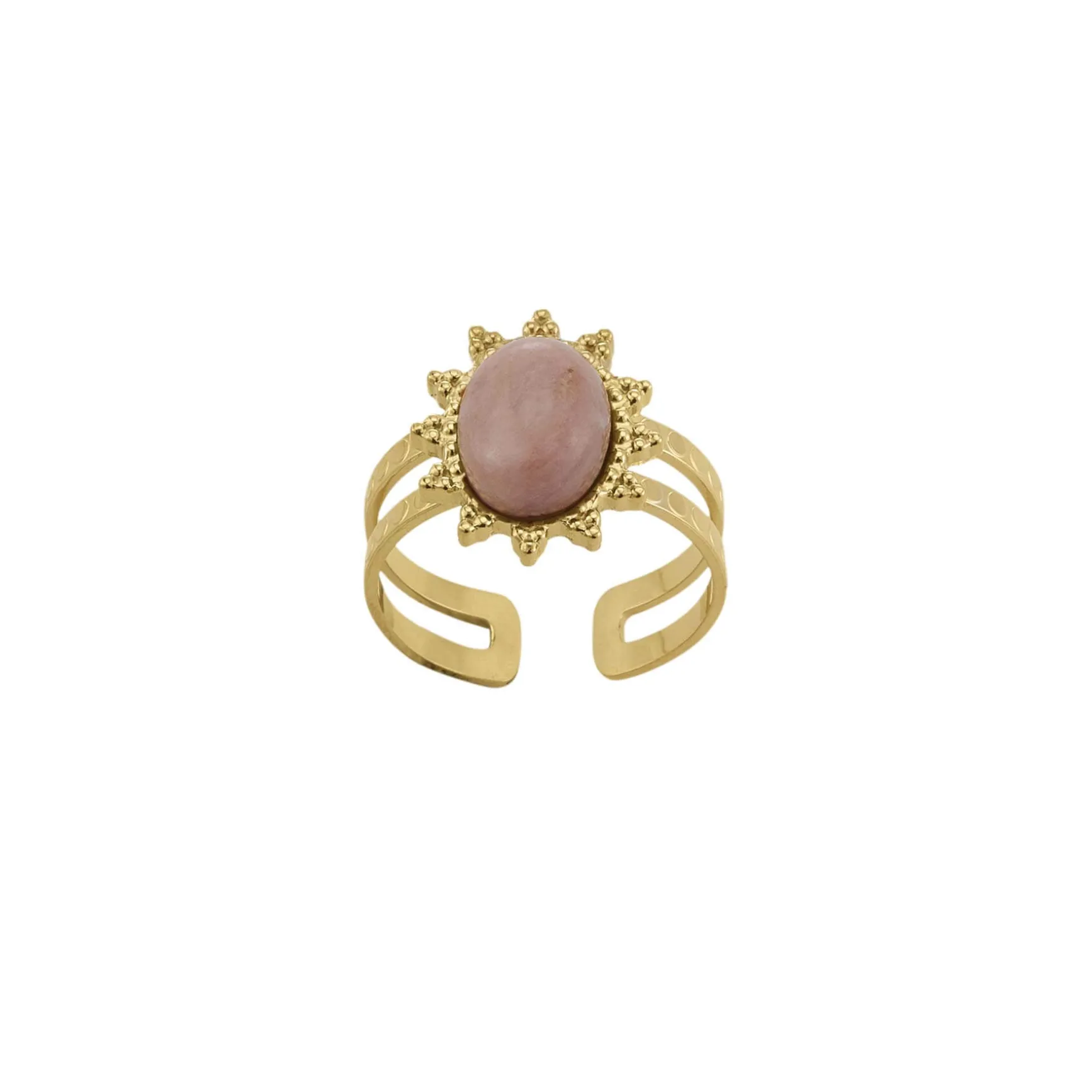 Bague Lyka acier doré or pierre Rhodonite