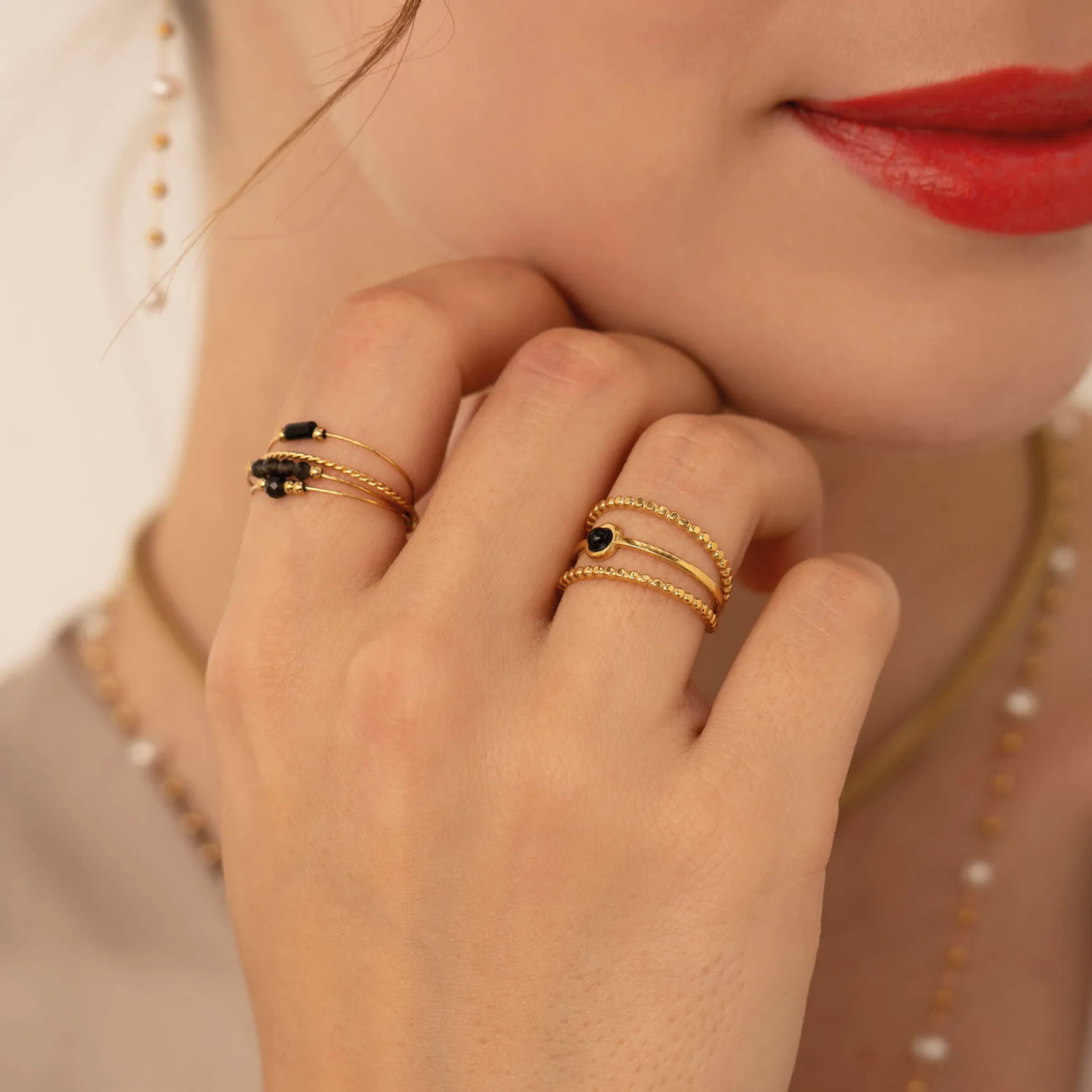 Bague Pépite pierre Obsidienne acier doré or