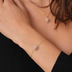Bracelet Lyka acier doré or pierre Rhodonite