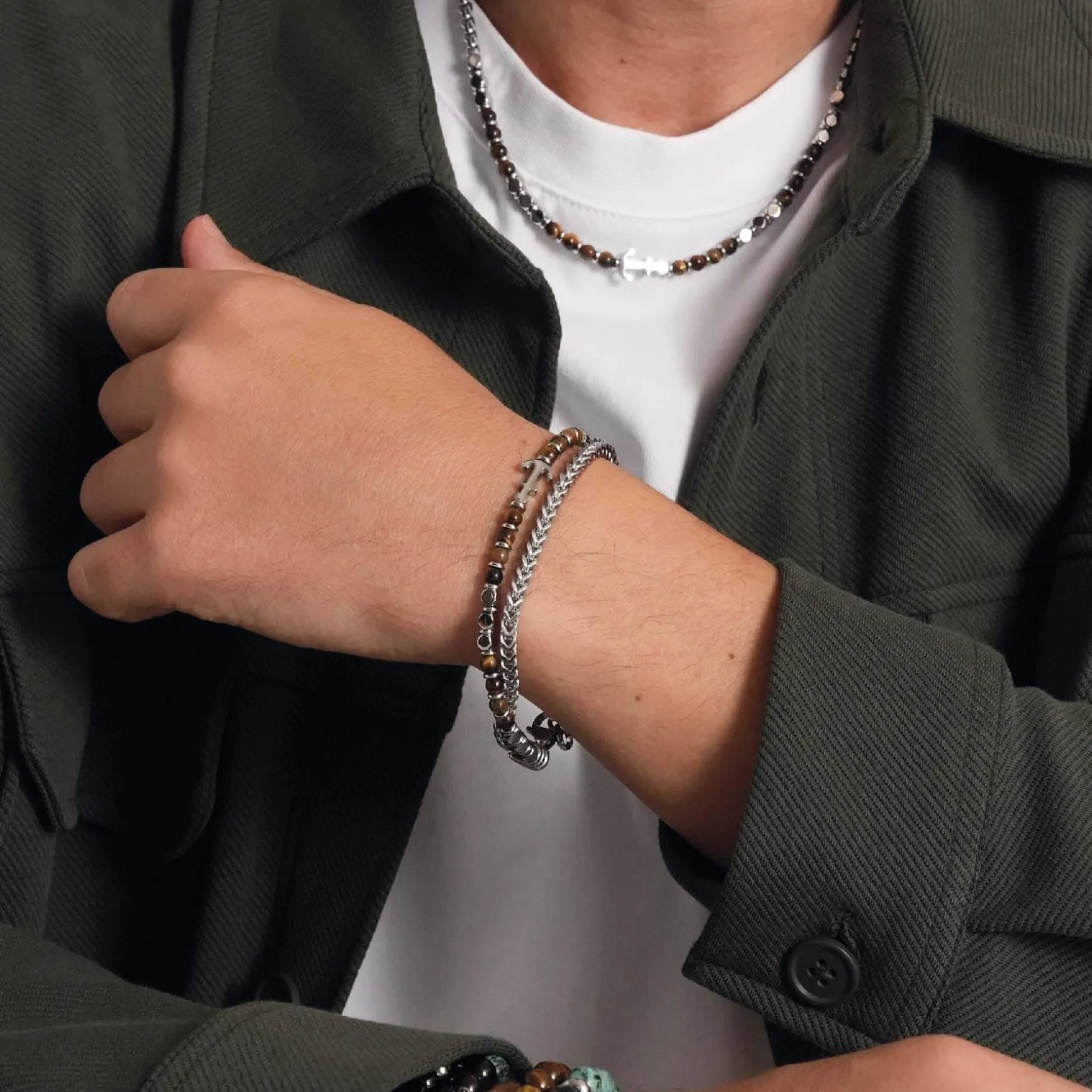 Bracelet Navy acier et pierres œil de tigre