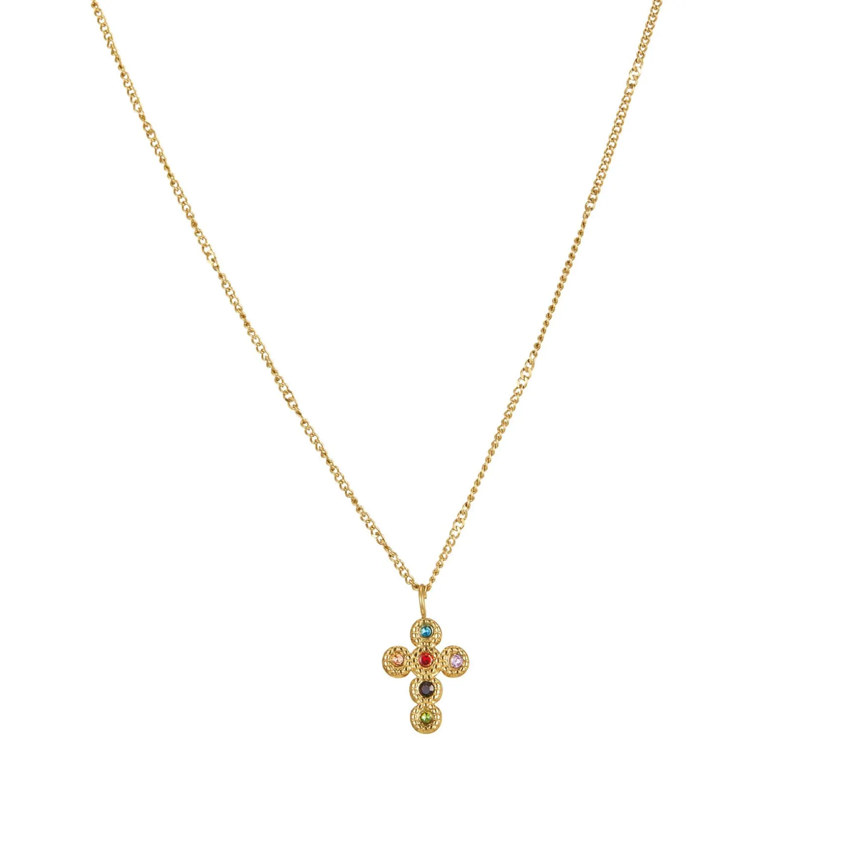 Collier Croix zircons multicolores acier doré or