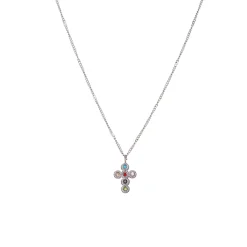 Collier croix zircons multicolores acier