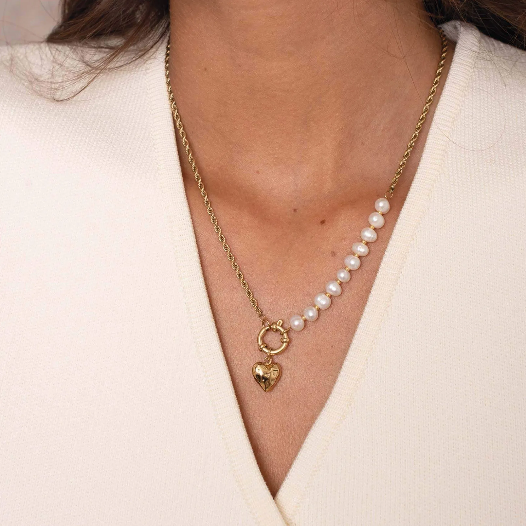Collier cœur Valentine acier doré or et nacre