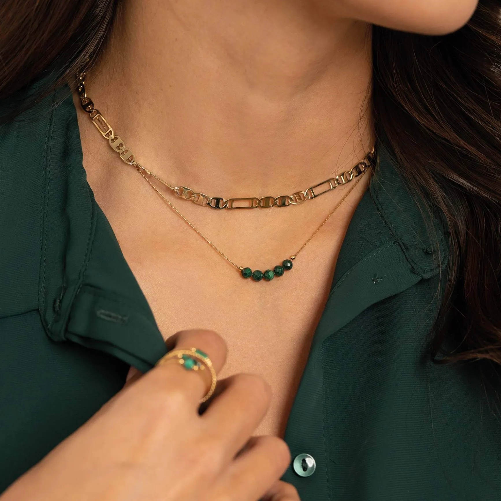 Collier Isa Pierres Malachite acier doré or