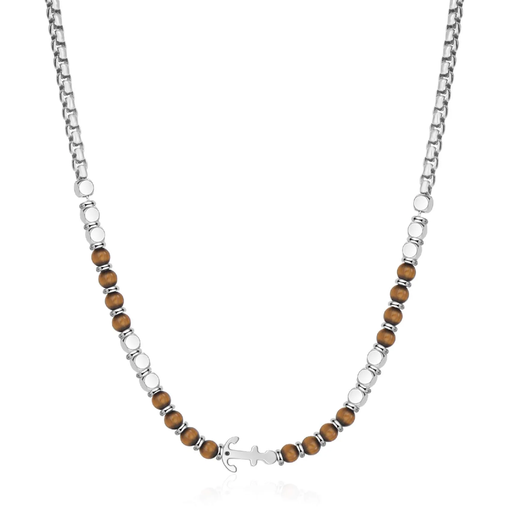 Collier Navy acier pierres oeil de tigre