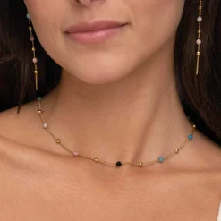 Collier Pierres multicolores acier doré or