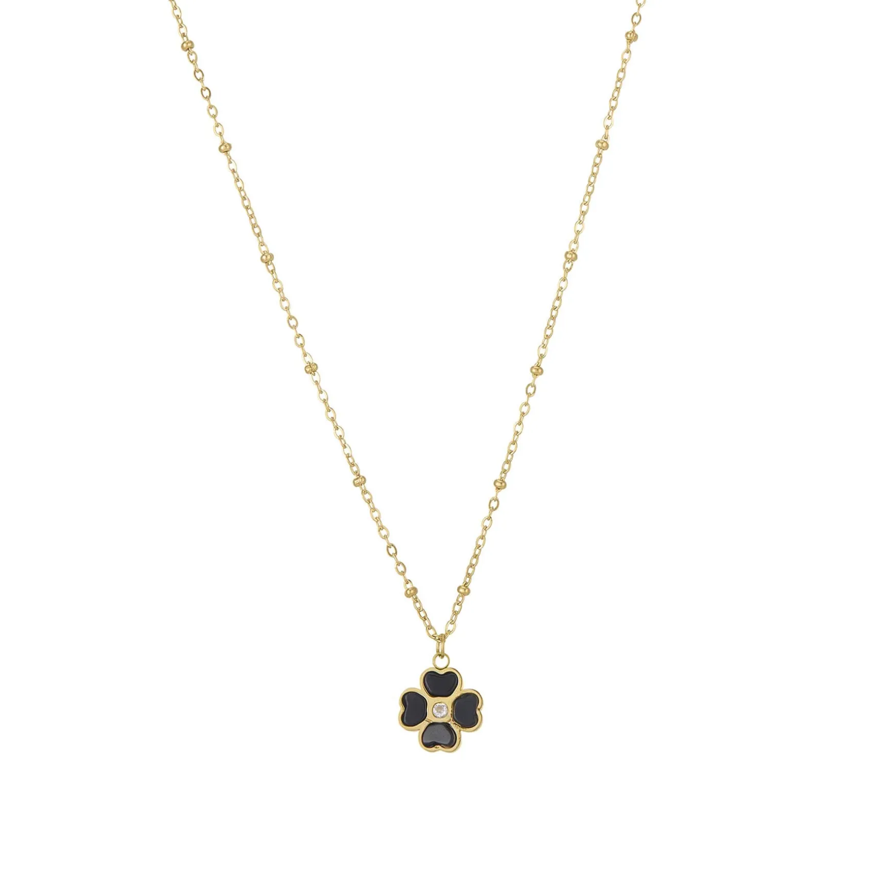 Collier Trefle noir acier doré or
