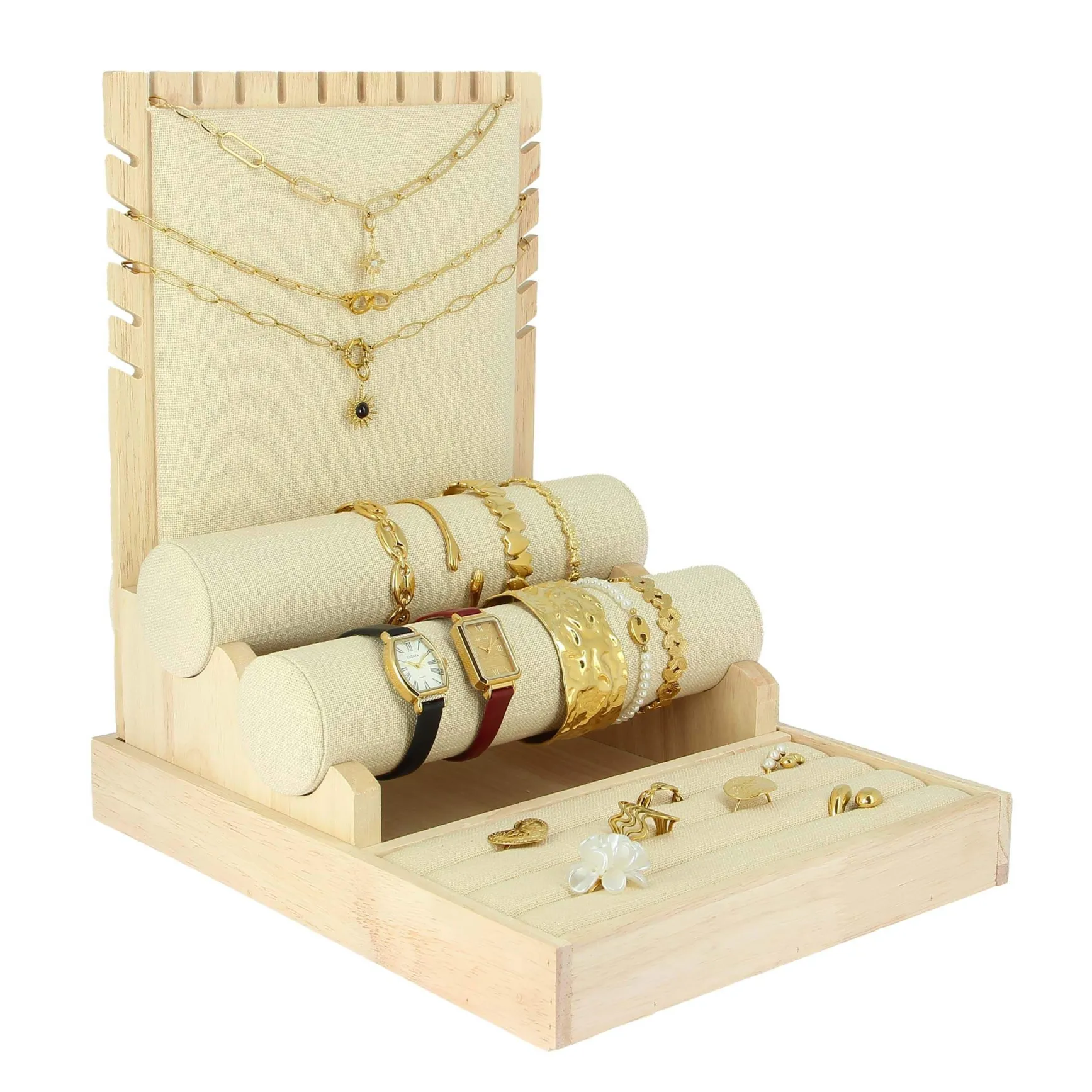 Présentoir lin et bois 3 niveaux bagues bracelets colliers