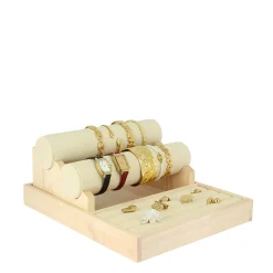 Présentoir lin et bois 3 niveaux bagues bracelets colliers