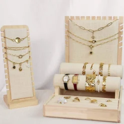 Présentoir lin et bois 3 niveaux bagues bracelets colliers